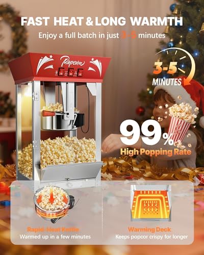 Image of 12 Oz Commercial Popcorn Machine, Movie Theater Popcorn Machine, Red Tabletop Pop corn Machine with 3-Switch Control & Steel Frame Tempered Glass Doors