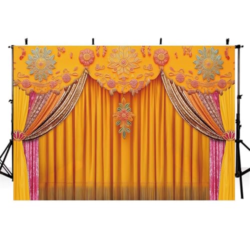 Image of Indian Backdrop 8x6ft India Pooja Marigold Yellow Curtain Photography Background for Wedding Diwali Traditional Festival Party Decorations