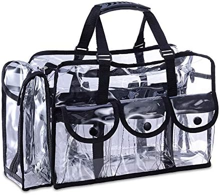 KIOTA Makeup Artist Storage Bag, Clear Cosmetic Bag with Side Pockets and Shoulder Strap, Ergonomic Handle, ON THE GO Series - Black Trim