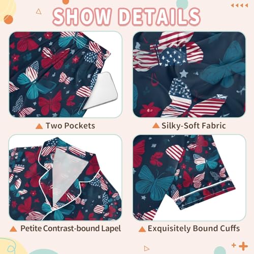 senya July 4th Butterflies Satin Summer Pajama Sets Silk Short Sleeve Button Down Sleepwear3