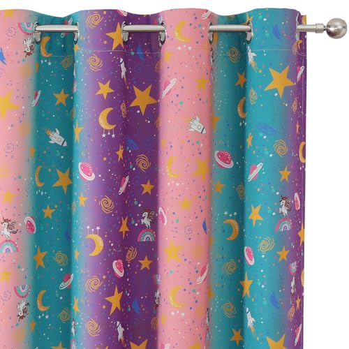 Image of Pink Purple Teal Unicorn Blackout Curtains 63 Inch Length for Kids Bedroom | Estelar Textiler Rainbow Printed Room Darkening Grommet Drapes,Star Moon Curtains for Girls Room Nursery,38Wx63L,2 Panels