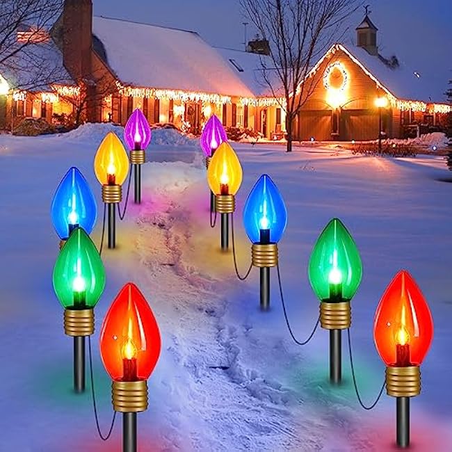 Jumbo C9 Christmas Pathway Lights Outdoor - 2 Pack Total 17 Feet 10 LED C9 Walkway Light, Multicolor Bulb Holiday Pathway Light with Marker Stakes, Christmas Lights Outdoor Decorations for Lawn Yard