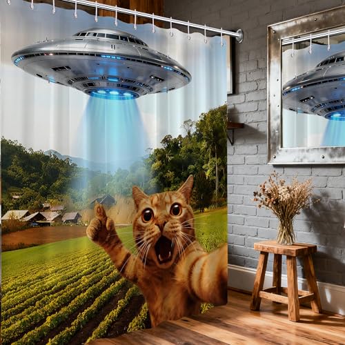 Image of Funny Cat UFO Shower Curtain, 70x72 Inch