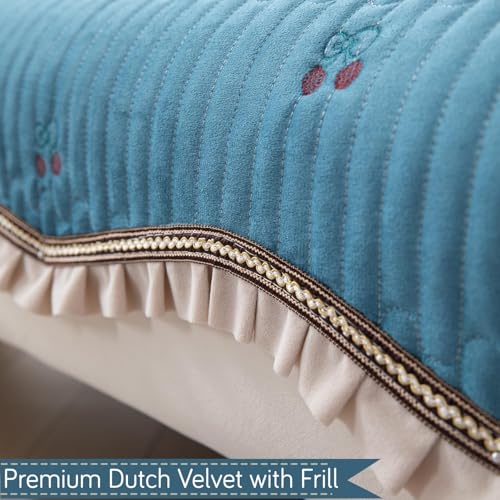 Image of HOKIPO Premium Dutch Velvet Sofa Cover Mat with Frill for 1 /2 /3 Seater and L Shape Sofa. Make Your Own Sofa Cover Set, Mat Length 90(D) x 180(L) cm, Peacock Blue (NEW-AR-5740-PBL)