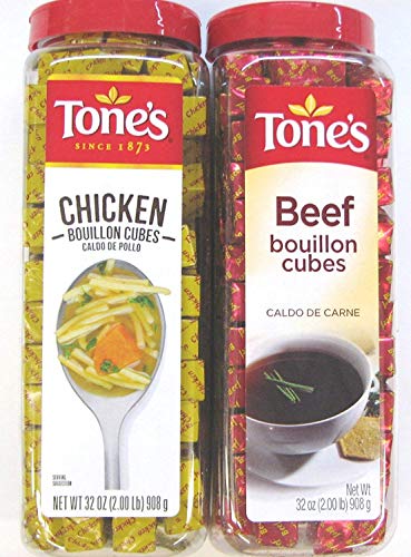 2 Pack: Tone's Chicken Bouillon Cubes and Tone's Beef Bouillon Cubes Variety Pack, 32 Oz Each, 1 of Each Flavor. (Bundle of 2), 227 Cubes Per Container 2 Pack: Tone's Chicken Bouillon Cubes and Tone's Beef Bouillon Cubes Variety Pack, 32 Oz Each, 1 of Each Flavor. (Bundle of 2), 227 Cubes Per Container