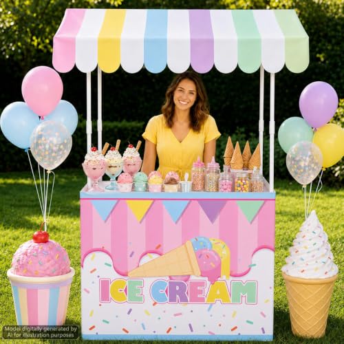 Summer Ice Cream Stand Kits nclude Shelf Roof Awning Table Skirt Large Ice Cream Stand Decoration for Outdoor Photo Prop Garden Holiday Picnic Lemon Themed Birthday Party Supplies(Without Table)