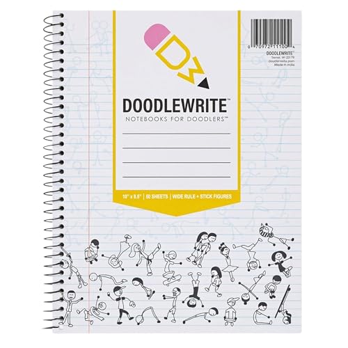 DoodleWrite Wide Ruled Spiral Notebooks, Student School Notebook with Doodle Prompts for Focus & Creativity, Perforated 3-Hole Punched Pages, 8' x 10.5' 50 Sheets