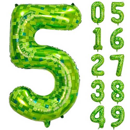 Image of 40 inch giant Green pixel miner game number 5 balloon | Large mining theme foil balloon 0-9 for pixel game parties children's birthdays party anniversary baby shower decoration