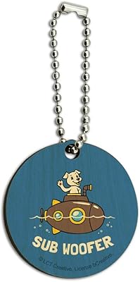 Sub Woofer Dog Submarine Funny Humor Wood Wooden Round Keychain Key Chain Ring