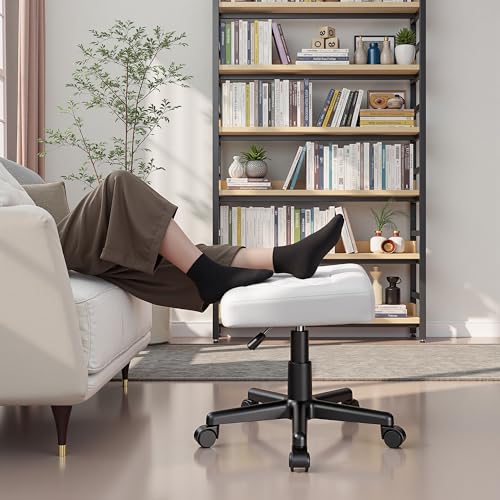 Image of VECELO Under Desk Footrest, PU Ergonomic Foot Rest with Wheels, Comfort Padding, Height Adjustable for Relieving Leg Pain, Stiffness, and etc, White