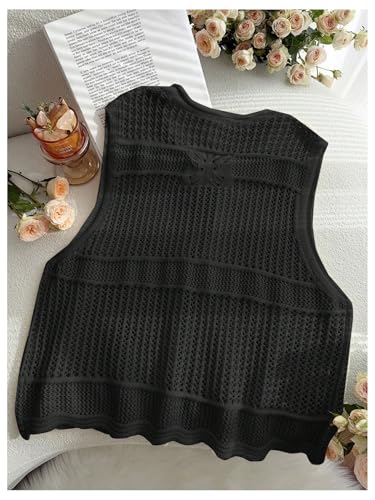 Verdusa Women's Plus Size Tie Front Sweater Vest Sleeveless V Neck Hollow Out Crochet Knitwear2