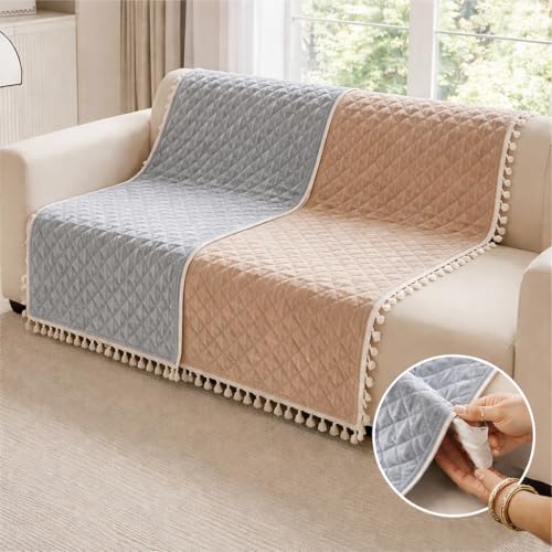 Image of DecorTwist Premium Reversible Quilted Velvet Sofa Cover for 2 & 3 Seater | Luxury Sofa Protector with Tassels | Soft, Durable & Pet Friendly | Grey /Beige & Beige (Beige, 2 Seater)