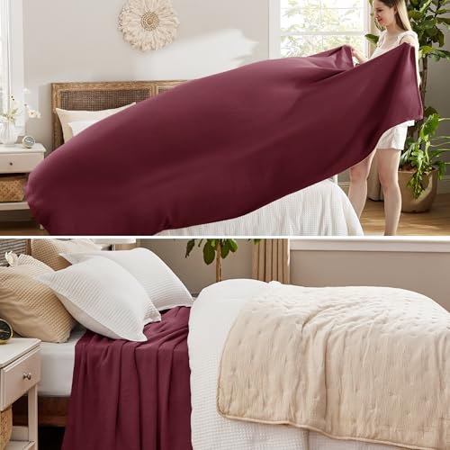 Image of Bedsure 100% Cotton Blanket, Herringbone Weave, Queen Size, Red