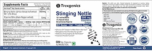 Image of Trexgenics STINGING NETTLE (1% Natural Silica) 500mg with with Bio-enhancer Piperine 5mg DHT Blocker, Hair growth, Prostate Support (60 Veg capsules) (2 Pack)