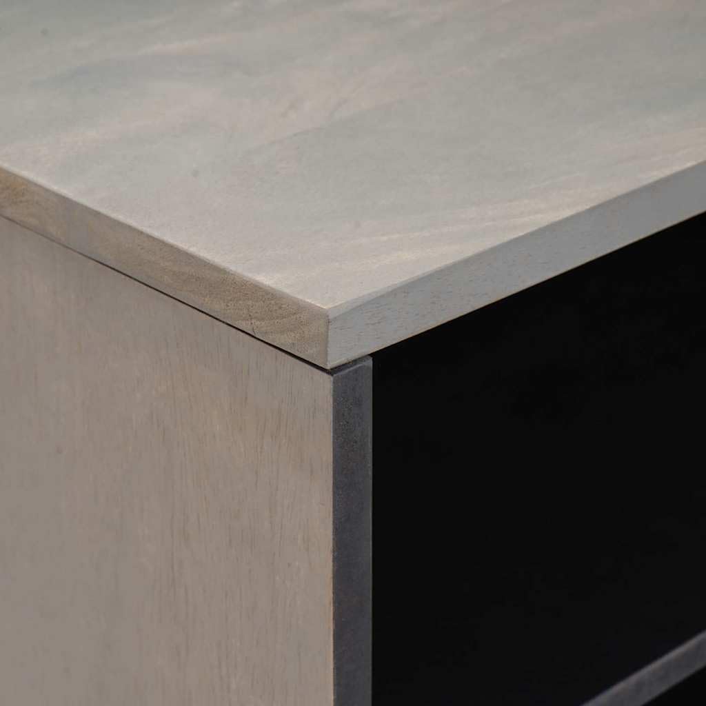 Mangloder - Mobile TV basso, in legno di mango massiccio, grigio, 80 x 33 x 46 cm, con mensola, pomelli in ottone e design serigrafato dorato, per soggiorno, home theater e gaming
