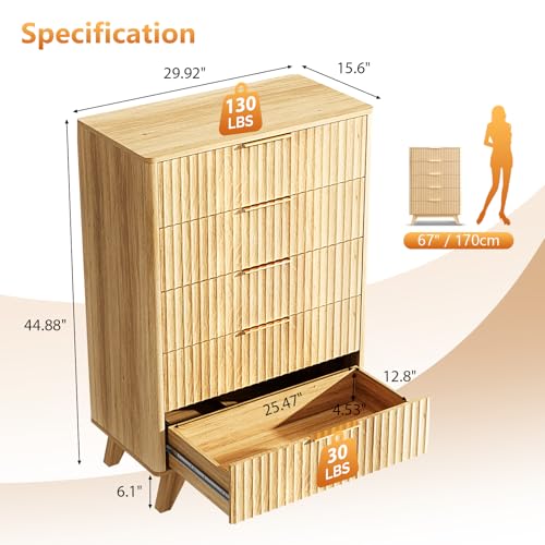 Image of VINGLI Tall Dresser for Bedroom, Fluted Dresser Vertical Chest of Drawers, Tall Chest of Drawers Bedroom with Rounded Edges, 29.92 inch W*15.6 inch D*44.88 inch H