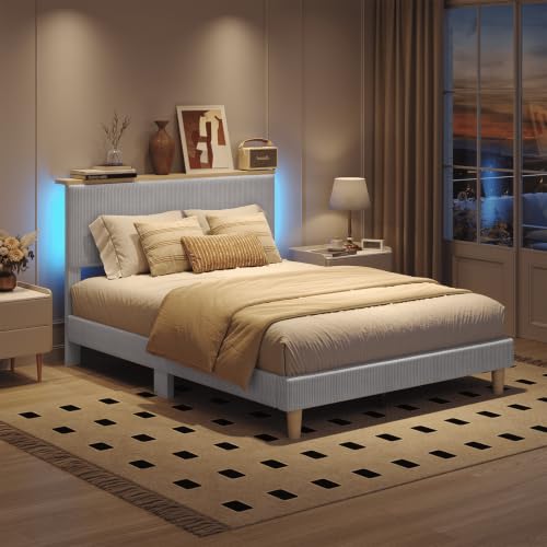 Image of Bestier Queen Size Bed Frame with Adjustable Headboard & LED, Light Grey