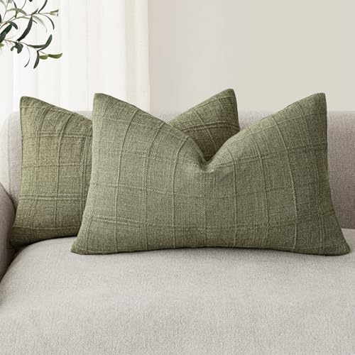 Image of Foindtower Set of 2 Decorative Linen Check Throw Pillow Covers Neutral Farmhouse Lumbar Cushion Covers Modern Boho Home Decor for Sofa Chair Couch Bedroom Living Room,12x20 Inch,Sage Green