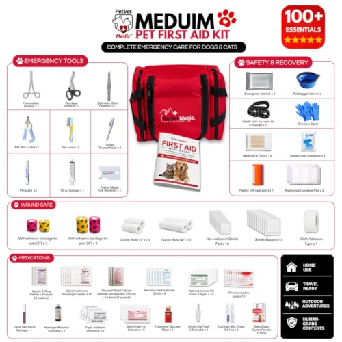 Image of Cat & Dog First Aid Kit - Dog Emergency Kit, Health Supplies & Wound Care -with Thermometer, Bandages for Wounds - Essentials, Travel Bag (Medium)