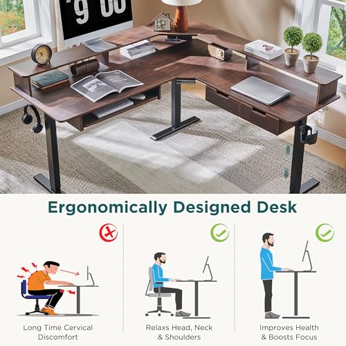 Image of RedLemon 60 Inches L Shaped Electric Standing Desk, Height Adjustable Corner Gaming Desk with Drawers, Keyboard Tray, Power Outlets & LED Lights, Computer Desk with Monitor Shelf, Dark Walnut