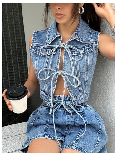 MakeMeChic Women's Denim Jacket Bow Tie Front Collared Sleeveless Y2k Crop Jean Vest4