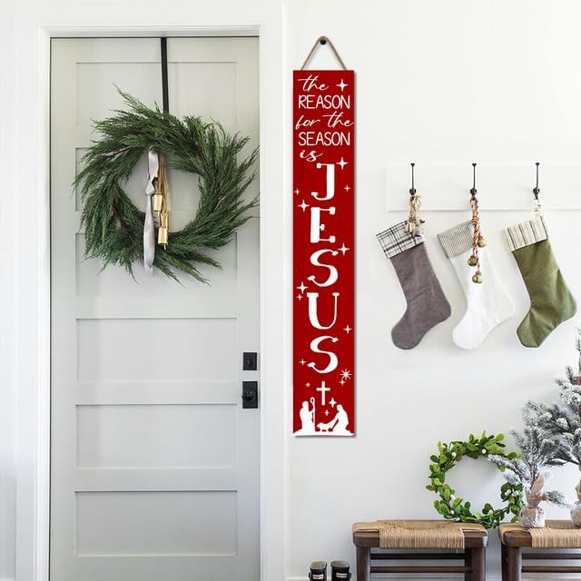 Miniatura 5 de Letrero vertical de Navidad con texto en inglés "The Reason for The Season is Jesus", para puerta delantera, porche, pared, granja, decoración