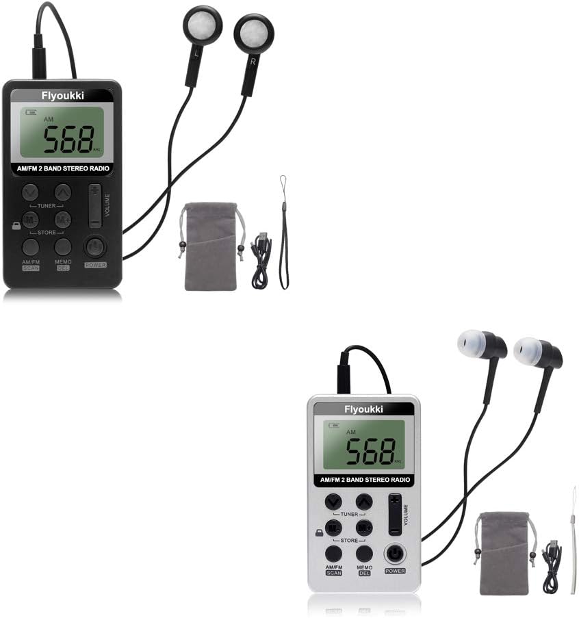 Pocket Small Radio by Flyoukki, Personal Mini AM FM Portable Digital Tuning Transistor Radios with Best Reception, Earphones, Lanyard and Rechargeable Battery for Walking Jogging Exercising