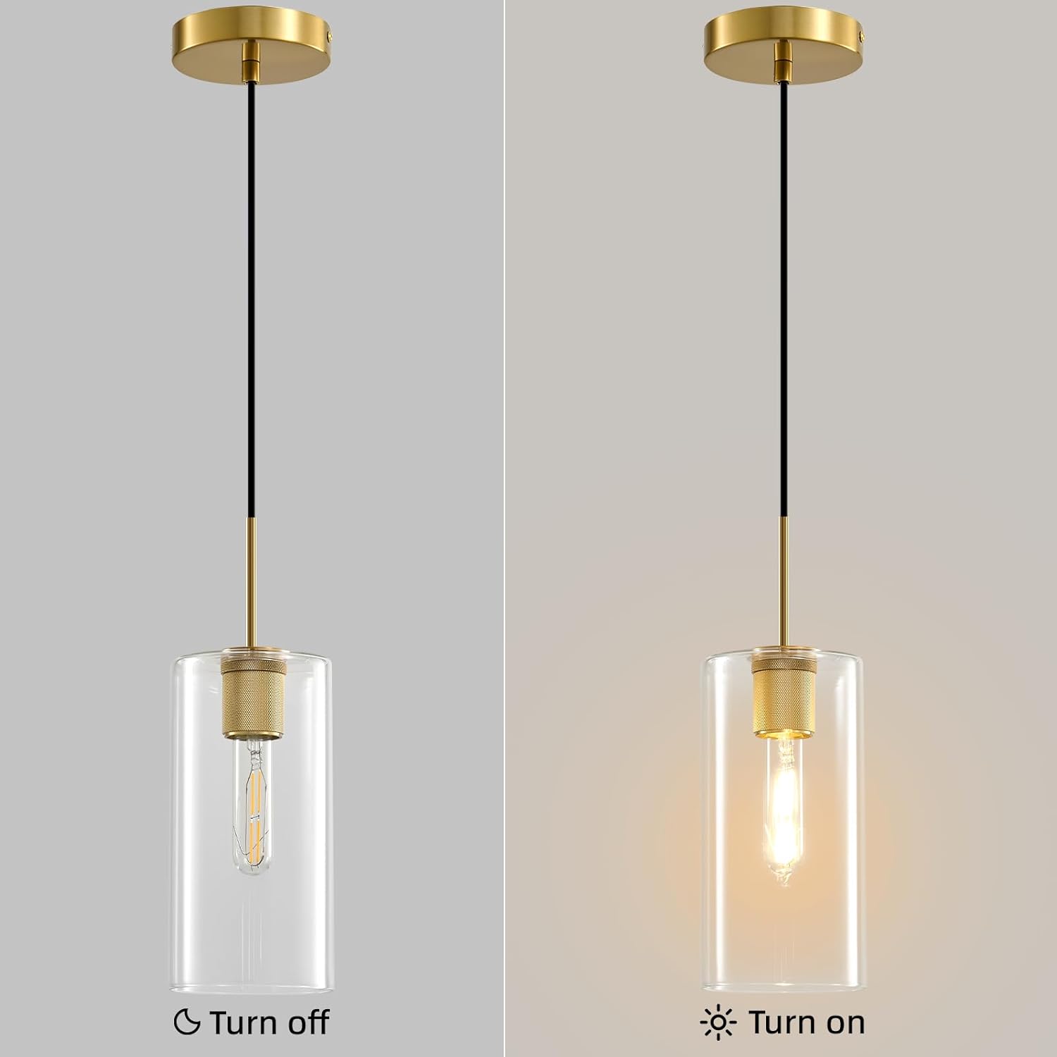 Modern Gold Glass Pendant Light: Cylinder Clear Glass Pendant Light over Kitchen Island - Simple Brass Hanging Lights with Short Tube - Height Adjustable Pendants Lighting Fixture for Bedroom Bathroom