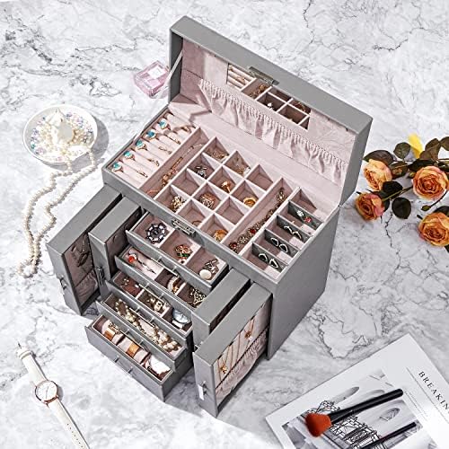 ANWBROAD Huge Jewellery Organiser Box 6 Tier 40 Necklace Hooks Display Storage Case with Lock Mirror Jewellery Box Earrings Rings Necklaces Bracelets Gift Jewellery Box Faux Leather JJB018H