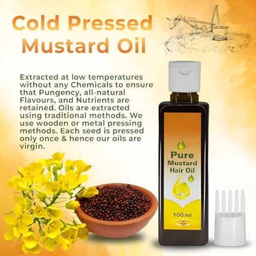 Image of MeeTo Mustard Hair Oil, Organic Hair Growth Oil, Cold Pressed Kacchi Ghani-Kolhu Herbes 100% Pure Mineral Oil Reduces Hair Fall & Dandruff, Damage Repair for Men, Women, 100ml