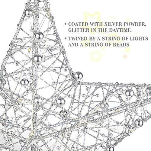 Christmas Tree Topper Star, Lighted Glitter Christmas Tree Top Star Metal Star Christmas Tree Decoration Holiday Party Decor - Silver