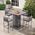 SoarFlash 5 Piece Rattan Patio Bar Set,Wicker Conversation Set Outdoor Furniture Set with Storage Shelf,4 High Stools,Dining Table for Poolside,Garden and Backyard,Grey