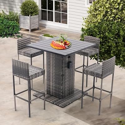 SoarFlash 5 Piece Rattan Patio Bar Set,Wicker Conversation Set Outdoor Furniture Set with Storage Shelf,4 High Stools,Dining Table for Poolside,Garden and Backyard,Grey