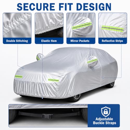 Image of GXARTS 5-Layer Heavy Duty Car Cover for Sedans (185 inchL x 74 inchW x 60 inchH) | Waterproof Vinyl Outer,All-Weather Outdoor Indoor | Windproof Straps, Mirror Pockets, Door Zipper | UV Snow Rain Dust Protection