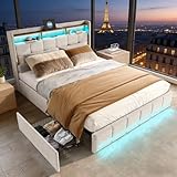 Lit 180x200 avec Sommier et LED, Cadre de Lit Adulte avec 4 Tiroirs de Rangement, Tête de Lit avec Étagère, 2 USB & 1 Type C, Design Sécurisé avec Coins Arrondis, Lin Respirant pour Chambre ou Studio
