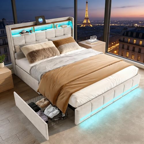 Lit 180x200 avec Sommier et LED, Cadre de Lit Adulte avec 4 Tiroirs de Rangement, Tête de Lit avec Étagère, 2 USB & 1 Type-C, Design Sécurisé avec Coins...