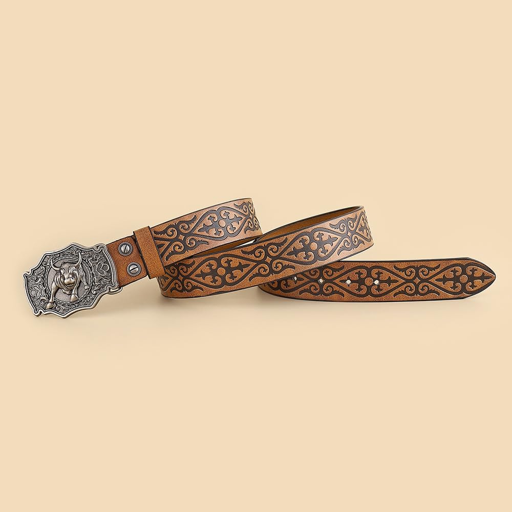 Cintura In Rilievo Con Fibbia Incisa In Argento Raffigurazione Di Un Cowboy Western, Toro Del Texas, For Uomo E Ragazzo