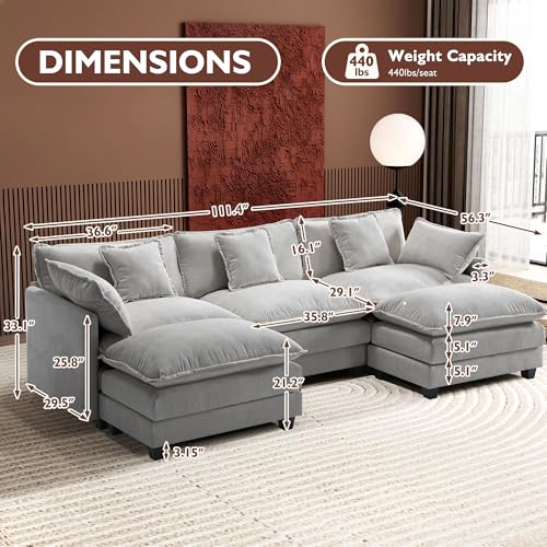 Image of Ihanherry 111.4 inch U Shaped Modern Cloud Sofa Modular Sectional Couch with 2 Ottoman, 5-Seat Chenille Deep Seat Sofa with Pillow for Living Room, Bedroom and Apartment, Grey