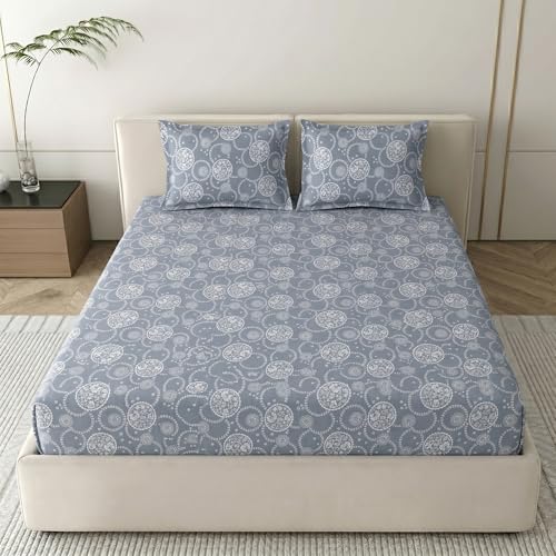 Image of Mafatlal 186 TC Grace Pure Cotton Double Size Bedsheet | 90 x 100 Inch | Soft Breathable Cotton Bed Sheet Set with 2 Pillow Covers | Slate Blue