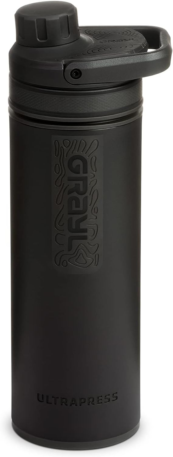 UltraPress 16.9 oz Water Purifier & Filter Bottle for Hiking, Backpacking, Survival, Travel (Covert Black)