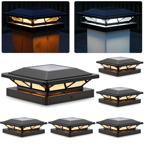 SIEDiNLAR Solar Post Cap Light 2 Modes 6 Pack 3.5x3.5 4x4 4.5x4.5 5x5 Wooden/Vinyl Posts Waterproof Outdoor Lighting for Fence Deck Patio Garden Decor White/Warm (Black)