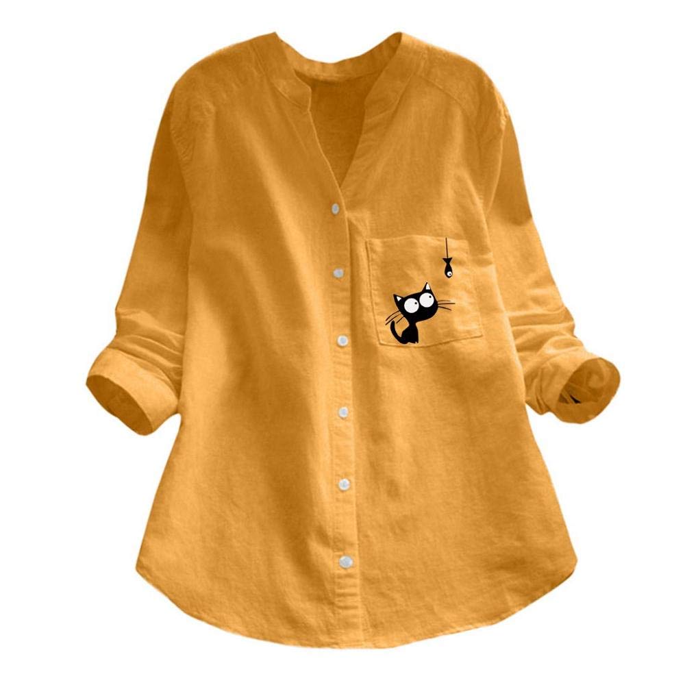 HGWXX7 Women's Cotton Linen Shirt High Low Button Down Blouse Casual Cat Print Long Sleeve Tunic Tops with Pocket