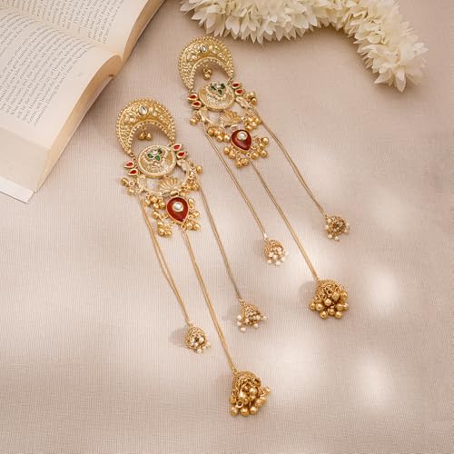 Image of Rubans Long Jhumka Earrings with Ear Chain Pearl Beaded Traditional Wedding Jewellery Gift for Women & Girls