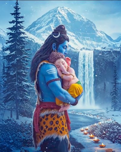 Image of Whattacraft! Paint by Numbers for Adults and Kids | Premium Painting Kit in Gift Packaging| Rolled Canvas | Do-it-Yourself Wall Decor | DIY | Shiva with Little Ganesh 40x50