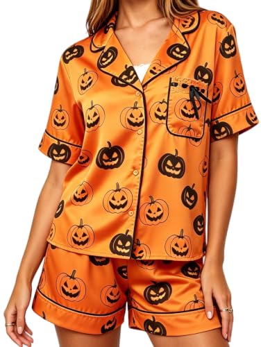 Image of Women Holiday Satin Pajamas Short Sleeve Shirts Shorts Set 2pc Loungewear