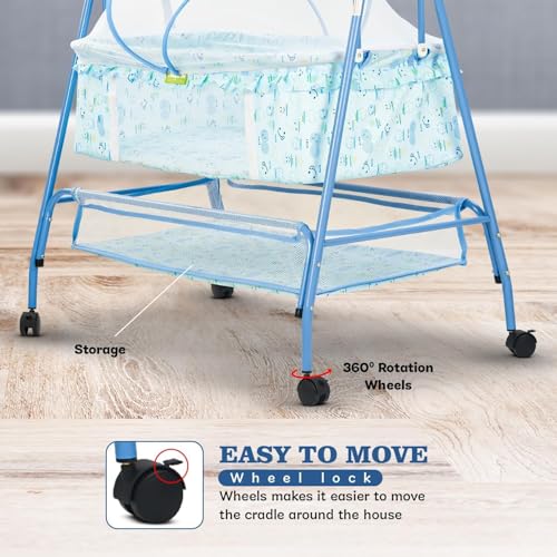 Image of BAYBEE Clora Baby Cradle and Swing with Mosquito Net | Jhula Palna for Newborns | 360 Rotating Lockable Wheels & Storage Basket | Light Blue