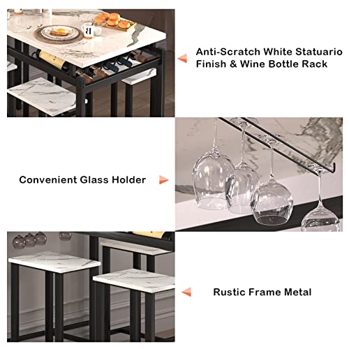 Basenji Dining Table Set For 4, 5 Piece Kitchen Table And Chairs With Wine Rack And Glass Holder, Bar Table And Chairs Set Space Saving For Pub Breakfast (White Statuario Wine Rack) #TOP7