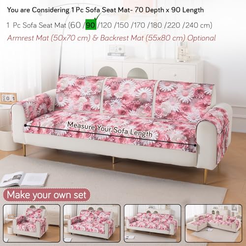 Image of HOKIPO 'Nature Muse' Premium HD Printed Holland Velvet Sofa Cover Mat for 1 /2 /3 Seater & L-Shape Sofa. Make Your Own Sofa Cover Set, Mat 70(D) x 90(L) cm, Blush Bouquet (IN-914-D6)