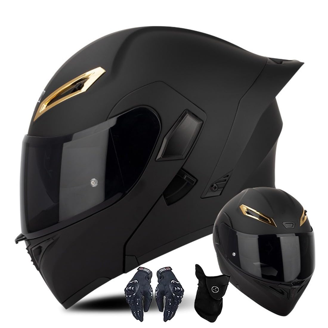 Casco Modular CNNGU para Moto con Guantes Y Cubrecara, Casco Abatible con Doble Visera, Homologado ECE para Hombres Y Mujeres, Talla L(59~60cm), Color Negro