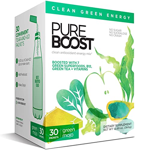 Pureboost Superfoods Clean Energy Drink Mix with B12, 7 Organic Green Superfoods Powder and Vitamins. Spirulina. Naturally flavored with Green Apple. No Sugar. No Sucralose. (30 Count, Green Mojo)